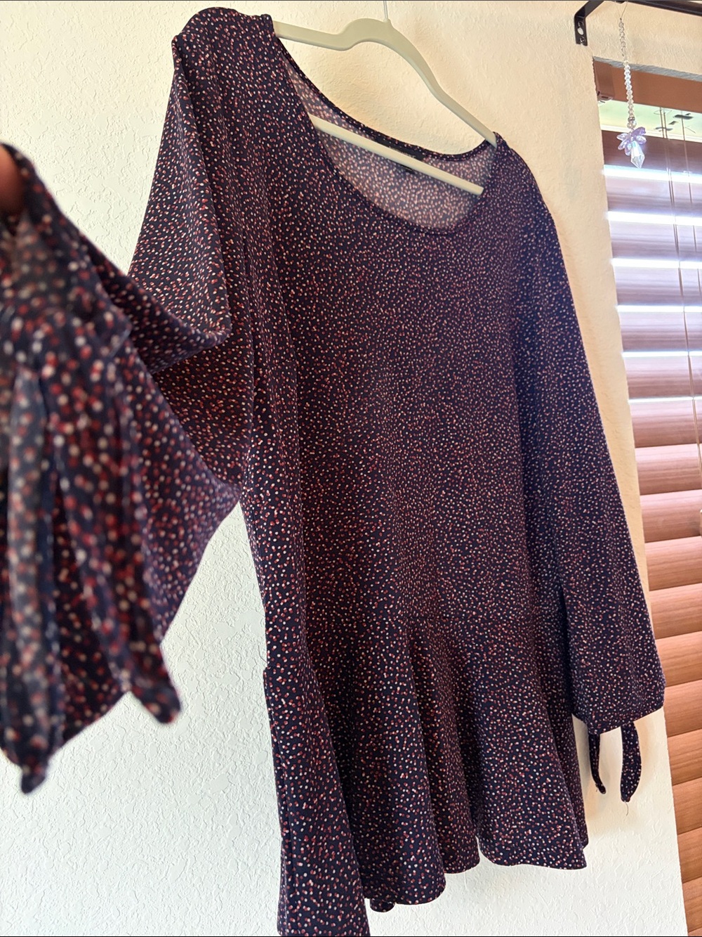 Banana Republic Navy Blouse with Pink Dot Print and Tie Sleeve Detail